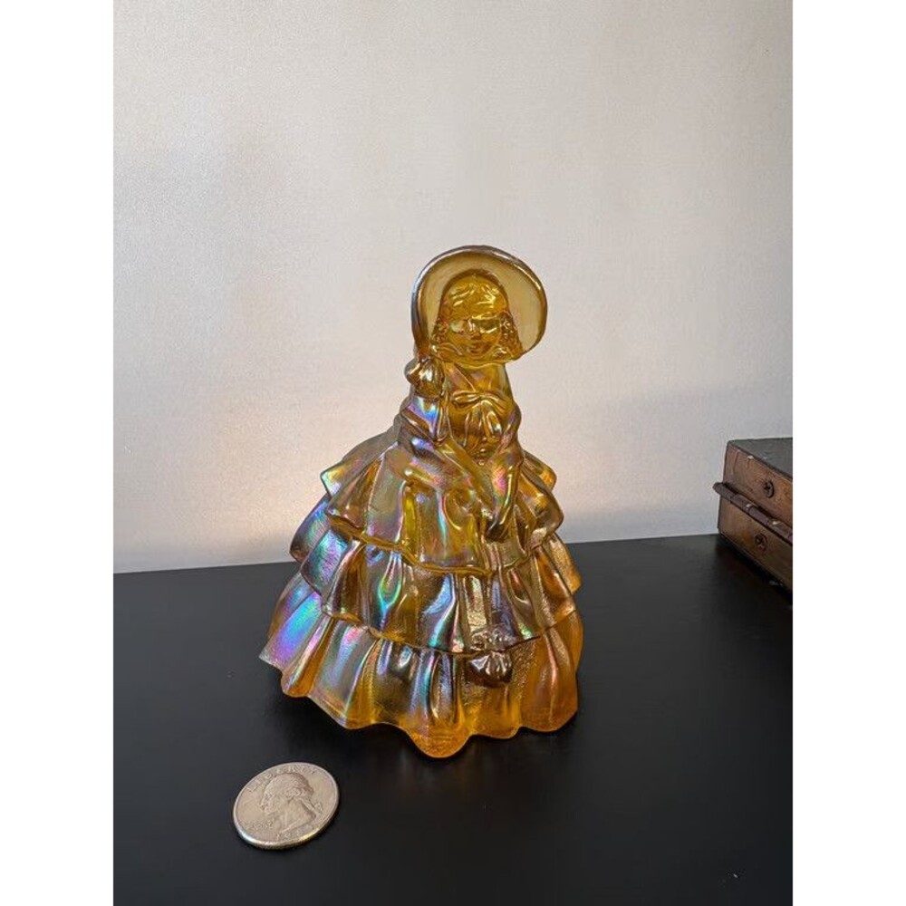 Marigold Carnival Glass Crinoline Lady Figurine Bonnet Tiered Skirt Iridescent